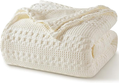 PHF 100% Cotton Waffle Weave Blanket Queen Size for Bed, Soft Lightweight & Breathable, All-Season Comfort, Luxury Aesthetic Woven Bedding for Home Decor, 90"x90", Ivory