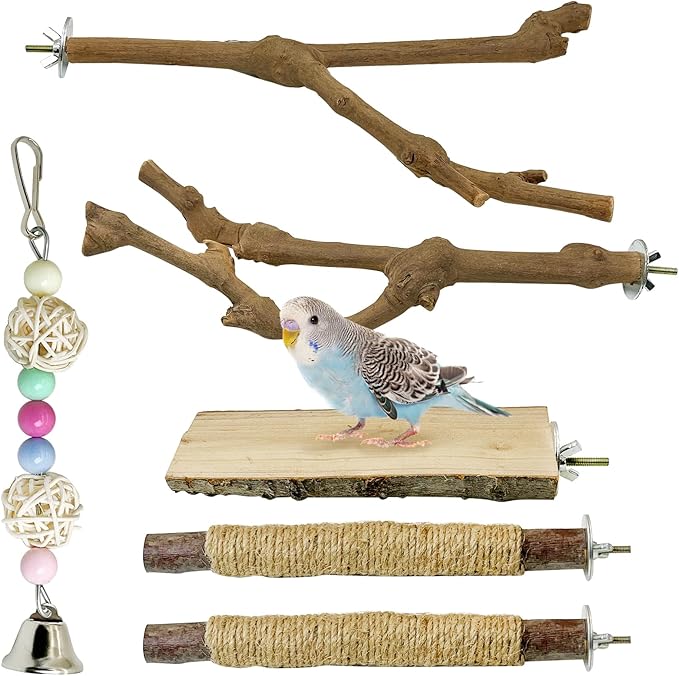kathson 5pcs Natural Parrot Perch for Cage Wooden Bird Perches Grape Bird Stick Parakeet Climbing Standing Branches Toy Chewable Cage Accessories for Small Budgies Cockatiels Lovebirds-Mewly Pet