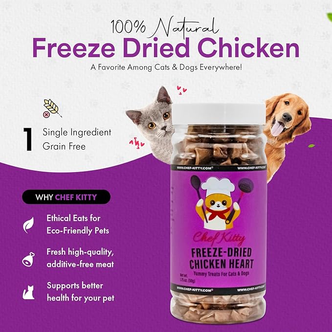 Freeze-Dried Chicken Heart Treats for Cats & Dogs – 100% Human Grade, Single Ingredient, High-Protein, Healthy Snack – No Additives or Preservatives – 1.4oz - Inspected & Tested in USA-Mewly Pet
