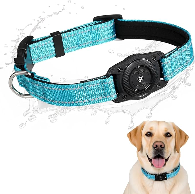 Air -Tag Dog Collar Waterproof Dog Air Tracker Chip for Apple Find My (iOS only) Reflective Strip Real Time Anti-Loss Tags Ultra-Durable GPS Pet Tracking Collar, Sky Blue M (12.4''-17.3'')-Mewly Pet