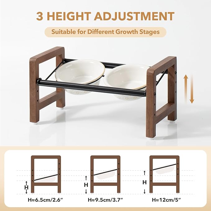 5.5inch Ceramic Adjustable Raised Double Bowls Set with Stand, 3 Heights Elevated, 2 Placement Options,Food and Water Dishes for Puppy, Cats（Double Bowls+Stand, Reactived Glaze -White-Mewly Pet