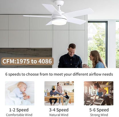 YUHAO 44 Inch White Ceiling Fan with Light and Remote Control.Noiseless,Dimmable,3CCT,6 Speeds Reversible, DC Ceiling Fans for Indoor or Covered Outdoor
