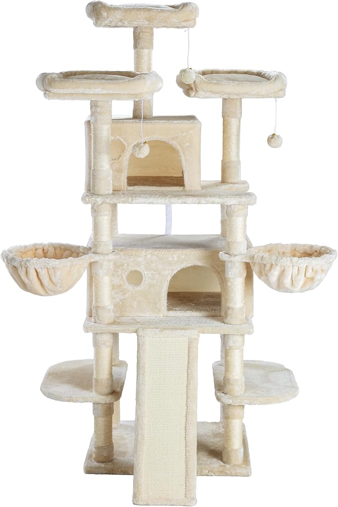 SHA CERLIN 68 Inches Multi-Level Large Cat Tree for Large Kitties/Big Cat Tower with Condo/Cozy Plush ‌Pussycat Perches/Sisal Scratching Posts and Hammocks/Activity Center/Beige-Mewly Pet