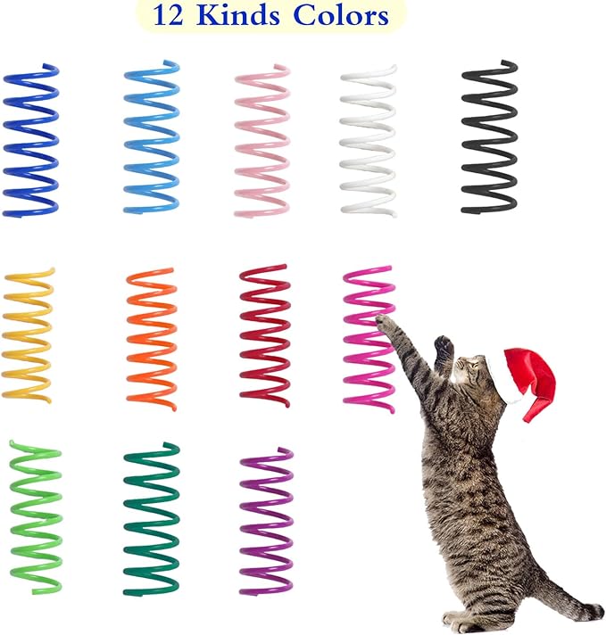 48PCS 12Colors Cat Spring Toys for Indoor Cats, Interactive Coil Springs for Self Play, Durable Heavy Plastic Cat Spiral Spring, Hunting, Biting, Swatting Creative Kitten Toy-Mewly Pet