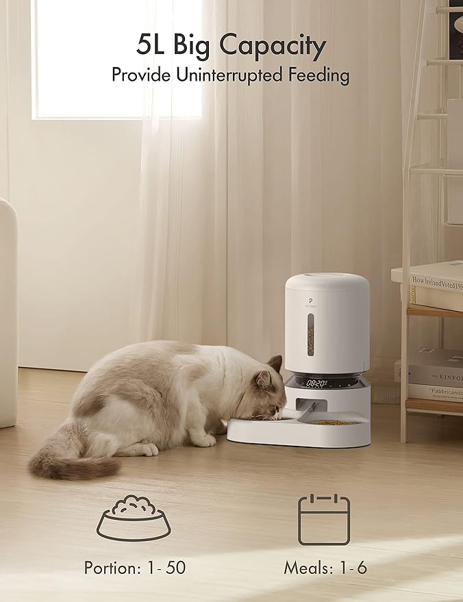 PETLIBRO Automatic Cat Food Dispenser for 2 Pets 5L Auto Dog Feeder Dry Food Dispenser with Splitter & 2 Stainless Bowls, 10s Meal Call and Timer Setting 50 Portions 6 Meals Per Day, Dual Tray Feeder-Mewly Pet