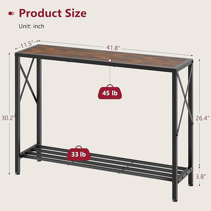Tajsoon Console Table 41.8”, 2-Tier Industrial entryway Table, Narrow Sofa Table with Shelves, Entrance Table for Entryway, Hallway, Living Room, Foyer, Corridor, Office, Rustic Brown