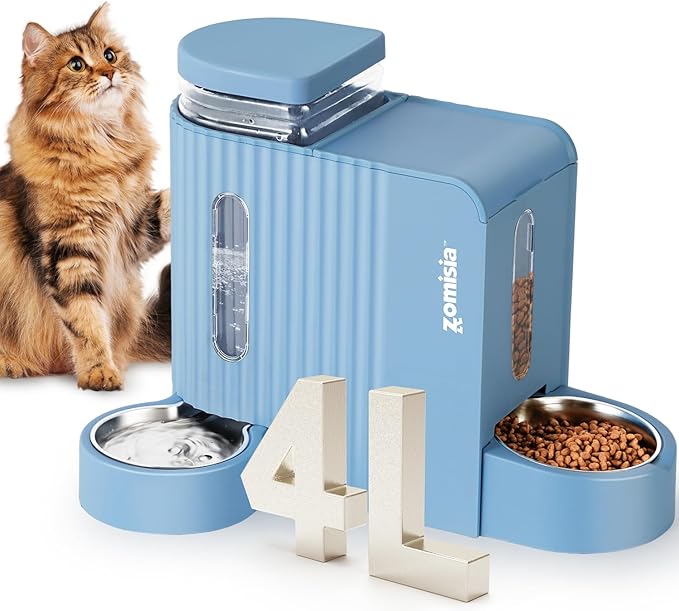 Gravity Cat Feeder and Water Dispenser with 304 Stainless Steel Bowls, 2 in 1 Automatic Cat Feeder with 180 Degree Rotatable Water Bowl, Large Capacity for Puppy Kitten Rabbits, Blue-Mewly Pet