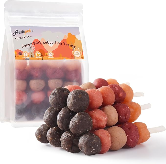 ASMPET Dog Treats Chews, Multi-Flavor Dog Kabob Snacks, Made with Chicken, Duck, Salmon, Rabbit and Beef, Rawhide Sticks for Dogs-Mewly Pet