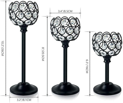 6pcs Crystal Candle Holder Set, 3 Sizes Tealight Candlestick Holders, Elegant Black Candelabra Bulk for Wedding Table Centerpiece, Fireplace, Home & Living Room Decor