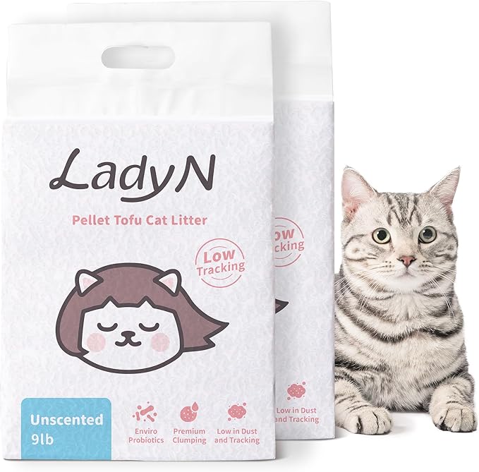Lady N Pellet Tofu Cat Litter, Strong Clumping Ultra Absorbent, Dust-Free Low Tracking, Enviro-probiotic and Activated Carbon for Odor Control 18lb (2 Packs Unscented)-Mewly Pet