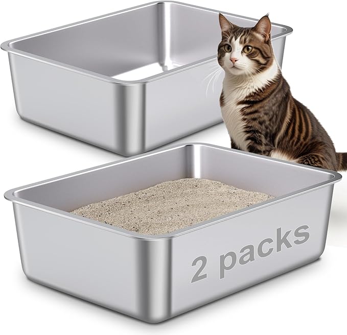 Stainless Steel Litter Box 2 Pack,Metal Litter Box for Cat Easy to Clean,Medium Cat LitterBox for Cats/Kitty/Rabbit,Metal Cat Toilet for Kitten,Non Stick, No Smell,17.7" L x 13.8" W x 6" H-Mewly Pet