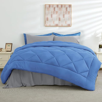 HEVUMYI Royal Blue & Light Grey King Comforter Set - 7-Piece All Season Bed in a Bag King, Ultra Soft Bedding Set with Comforter, Flat Sheet, Fitted Sheet, Pillowcases, Pillow Shams, Royal Blue