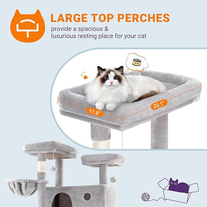 Allewie 81 Inches Tall Cat Tree/Multi-Level Large Climbing Tree House and Towers for Big Feline/Condo and Hammock/Scratching Post/Wide Base/Grey-Mewly Pet