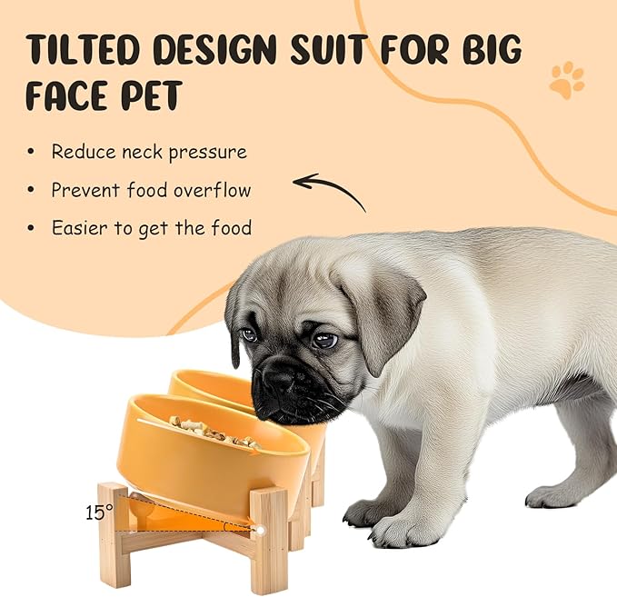 SPUNKYJUNKY 15° Slanted Ceramic Dog and Cat Bowl with Wooden Stand, Tilted Bulldog Food and Water Bowl No Slip Non-Spill for Cats Medium Dogs Big Face Pets 13.5 OZ (1.7 Cups, Yellow × 2)-Mewly Pet