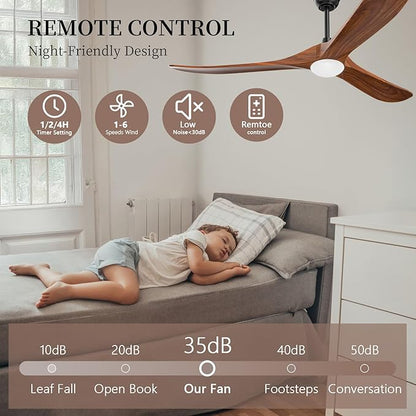 Obabala Ceiling Fans with Lights and Remote, 60inch Outdoor Ceiling Fan 3 Solid Wood Blades Fan with 3 Downrods for Patios, Modern Ceiling Fan with Noiseless Reversible DC Motor (Solid Wood, 60in)