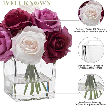 WELL KNOWN Rose Artificial Flowers in Vase with Faux Water, Silk Rose Table Centerpieces for Home Coffee Table Decor, Fake Roses Flower Arrangements for Office Hotel Lavatory Decor (Purple & White)