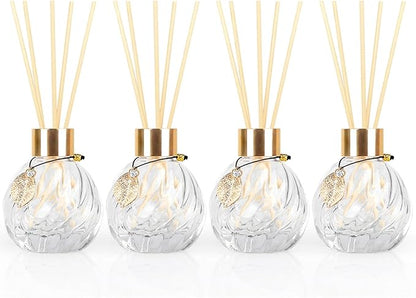 4Pcs Reed Diffuser Set with Metal Golden Decoration, 3.5oz Empty Reed Diffuser Bottles with 20Pcs Reed Diffuser Sticks, Unique Design Bottles for Home and Office(Twill)