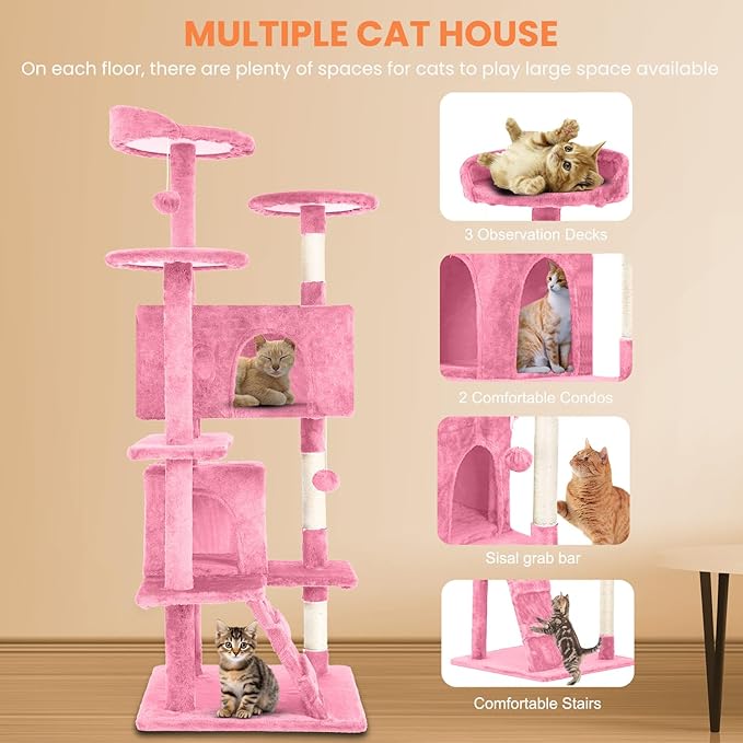 54.7 inches Cat Tower for Indoor Cats, Multi-Level Cat Condos with Scratching Posts, Hanging Toys, Pink-Mewly Pet
