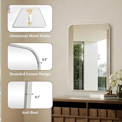 BEAUTYPEAK Wall Mounted Bathroom Mirror - 26" x 38" Silver Rectangular Aluminum Alloy Frame Mirror with Rounded Corners