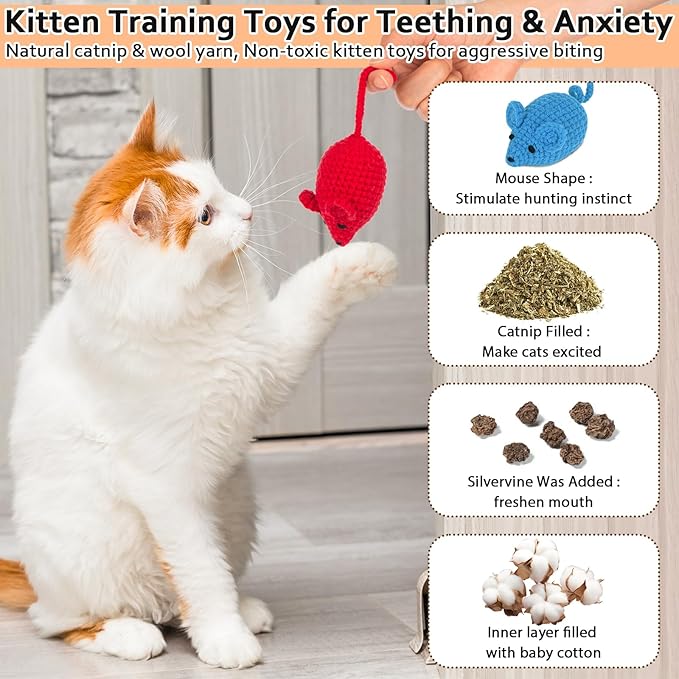 Retro Shaw Catnip Toys Crochet Mice Cat Toys,3 Pcs Yarn Cat Nip Mouse Animals Toy,Safe Teeth Cleaning Toy for Indoor Kittens-Mewly Pet