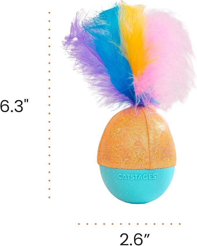 Catstages Whack N' Wobble Ball Intearctive Cat Toy, Weighted Ball with Feathers, Bell, Glitter Fabric & Catnip Oil, Turquoise-Mewly Pet