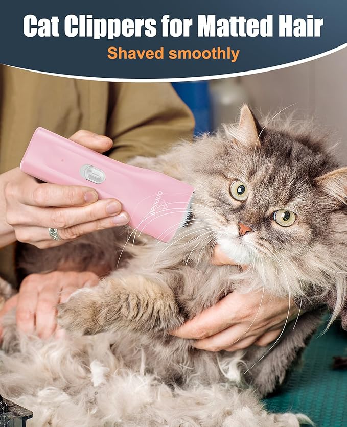 oneisall Pet Clipper for Cat Matted Hair, Pet Shaver for Cats Quiet Pet Clippers Waterproof Cordless Cat Clippers for Matted Hair Long Hair with Storage Bag (Pink)-Mewly Pet