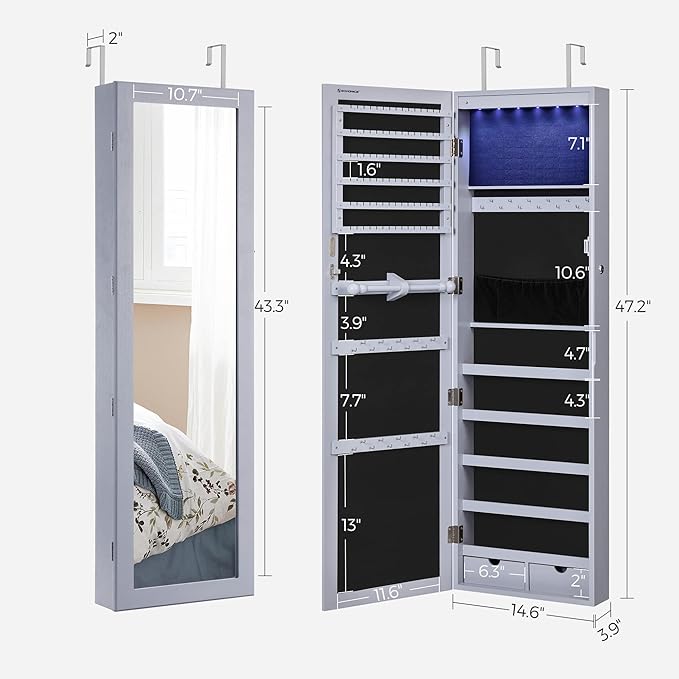 SONGMICS 6 LEDs Mirror Jewelry Cabinet, 47.2-Inch Tall Lockable Wall or Door Mounted Jewelry Armoire Organizer with Mirror, 2 Drawers, Christmas Gift, 3.9 x 14.6 x 47.2 Inches, Gray