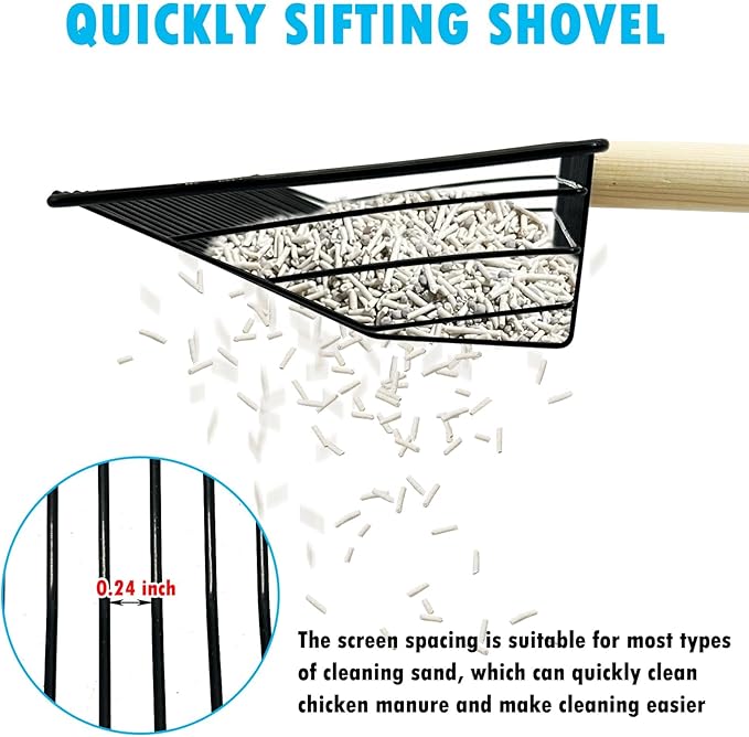 PINVNBY Stainless Steel Chicken Poop Scooper 3 in 1 Adjustable Wooden Handle Poop Scooper for Chicken(18.1" to 42.1")Multifunctional Chicken Coop Cleaning Tools Sifting Shovel Chicken Coop Accessories-Mewly Pet