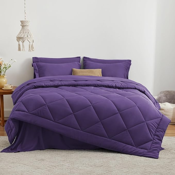Love's cabin California King Comforter Set Purple, 7 Pieces California King Bed in a Bag, All Season Bedding Sets with 1 Comforter, 1 Flat Sheet, 1 Fitted Sheet, 2 Pillowcase and 2 Pillow Sham