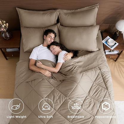 HEVUMYI Khaki Twin Comforter Set - 5-Piece All Season Bed in a Bag Twin, Ultra Soft Bedding Set with Comforter, Flat Sheet, Fitted Sheet, Pillowcases, Pillow Shams