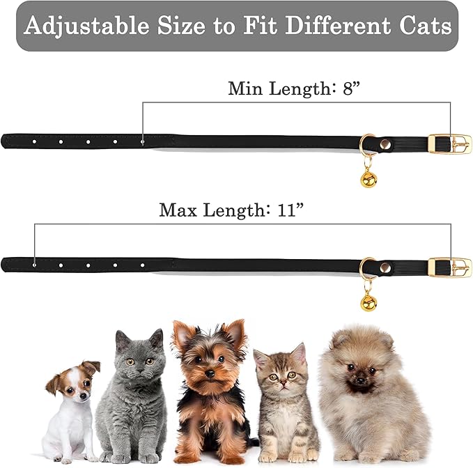 OOPSDOGGY Rolled Leather Cat Collar with Bell - Reflective Kitten Collar with Safety Elastic Strap - Adjustable Small Pet Collars for Boy Girl Cats (Black)-Mewly Pet
