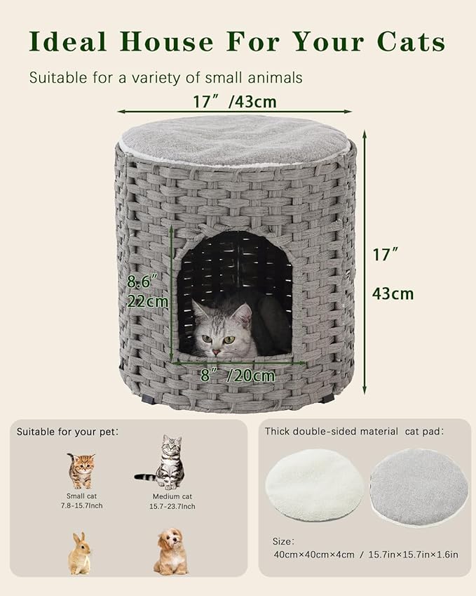 Cat House for Indoor Cat, Large Double Cat Houses Cat Bed Cave, Handwoven Rattan Pet Beds with One Soft Pad, 17 x 17 x 17 Inches Foldable Kitten Hideaway in Living Room Gray-Mewly Pet