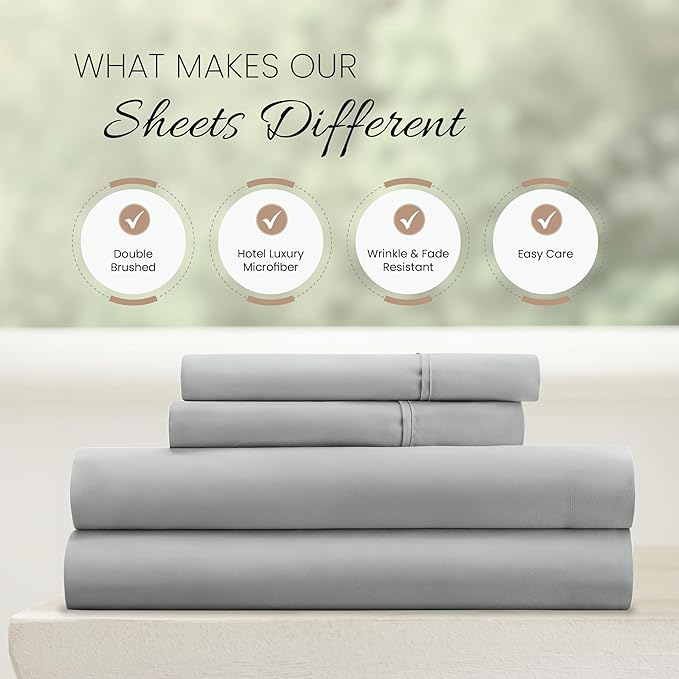 Linen Market Double-Brushed Microfiber Full Sheet Set 4 Piece – Oeko-TEX Certified Ultra Soft & Wrinkle-Free - 16" Deep Pocket Sheets - Easy Care Full Size - Light Gray