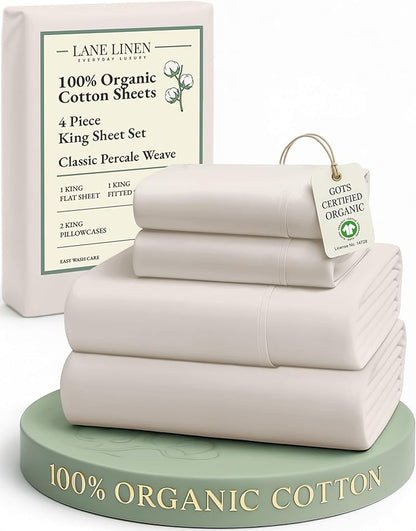 LANE LINEN 100% Organic Cotton King Bed Set, 4-Piece Cotton Bed Sheets, Crisp Percale Weave, Ultra Soft Bedding Sets & Collections, 15" King Size Sheets Deep Pocket Set - Glacier Grey