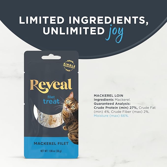 Reveal Natural Whole Protein Fillet Cat Treats, Single Ingredient, Grain Free, High Protein Treats for Cats, for Training, Treating, or Snacking, Whole Mackerel Loin (12 x 1.06 oz Loin)-Mewly Pet