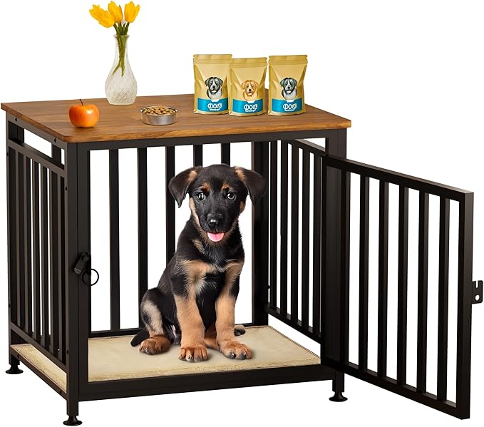 Dog Crate Furniture for Small Dogs, Dog Kennel Indoor, Anti-Chew Anti-Escape with Bed Crate Pad End Side Table Wooden Dog Crate,Steel-Tube Dog Cage, Rustic Brown-Mewly Pet