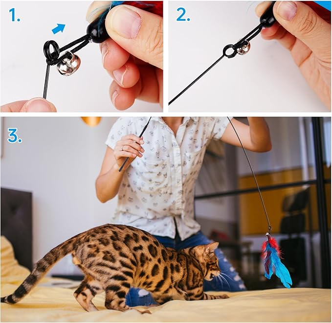 ZooZoo 14PCS Interactive Cat Feather Toy Set for Indoor Cats, Active Play Kit with Door Hanging Toy, Double-Sided Suction Cat Wand with Feathers, Mice & Fur Balls, Encourages Hunting, Jumping, Chasing-Mewly Pet