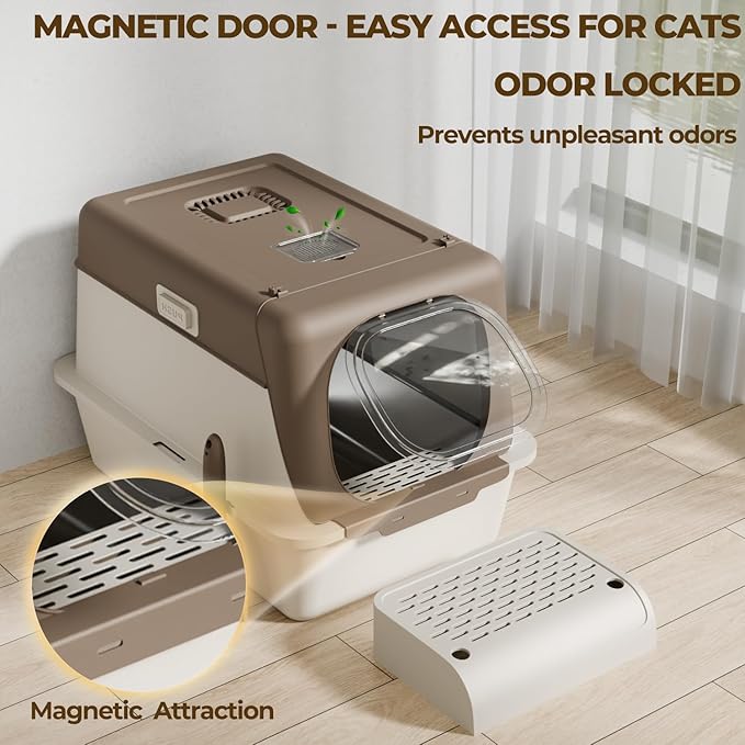 Stainless Steel Cat Litter Box with Lid, XX-Large Extra Large Litter Boxes for Large Cats,Enclosed Removable Metal Kitty Litter Box with High Sided,Magnetic Door,40L Box, Litter Trap Step/Mat-Mewly Pet