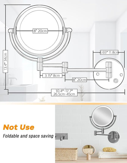 Wall Mounted Makeup Mirror with Lights Hardwired, 1/5X Magnifying Double Sided Touch Dimming, 360 Rotation Extension Arm Shaving Light up Mirror for Bathroom, Chrome