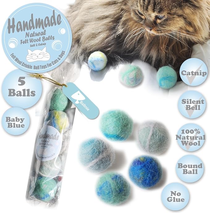 Felt Wool Cat Toys Ball with Catnip and Bell, Natural Handmade (Baby Blue (5 Units))-Mewly Pet