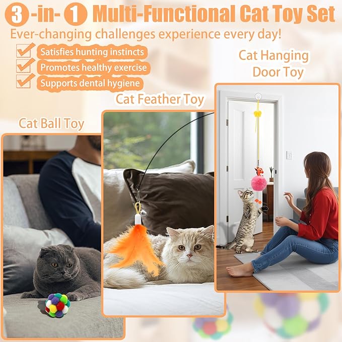 4-in-1 Interactive Cat Toys Set with Suction Cup Wand, Hanging Cat Toys, Fishing Pole Cat Wand & Kitten Balls- Includes Variety Replaceable Worms, Feathers for Indoor Bored Cats for Exercise-Mewly Pet