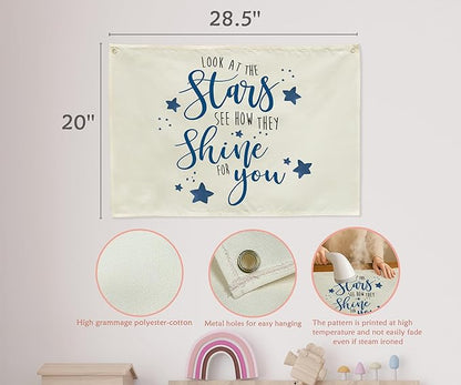 Boho Rectangular Banner Flag Wall Sign Decor Gift for Boy Girl Kids,Nursery Baby Room Above Crib Bedroom Playroom Living Room Wall Decor-Look At the Stars See-Baby Shower Birthday Christmas Gift
