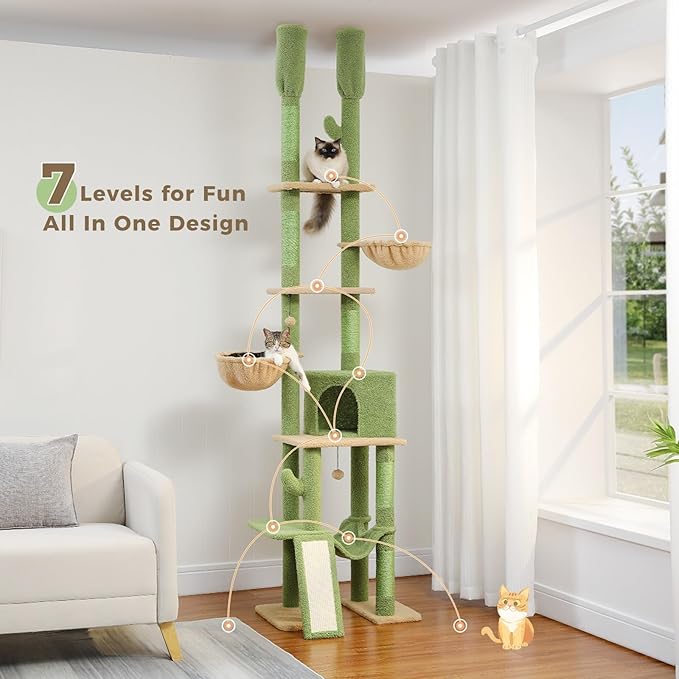 PAWZ Road Cactus Cat Tree Floor to Ceiling Cat Tower with Adjustable Height(85-112 Inches), 7 Tiers Climbing Activity Center with Cozy Hammocks, 5 Platforms and Scratching Posts for Indoor Cats-Mewly Pet