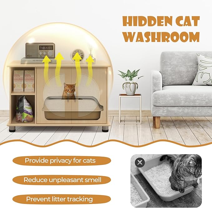 Tangkula Litter Box Enclosure, Hidden Cat Washroom with Storage Shelf, Sisal Scratching Doors, Adjustable Metal Feet, Modern Cat Litter Cabinet Storage Bench, Enclosed Litter Box Furniture (Natural)-Mewly Pet