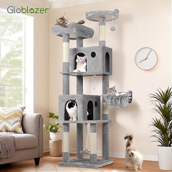 Globlazer Cat Tree, 70 inch Tall Scratching Tower Multi-Level Cat Condo for Indoor Multiple Cats with 2 Large Cat Caves, Top Perch, Large Platform, Bottom Swing, F70B, Light Grey-Mewly Pet