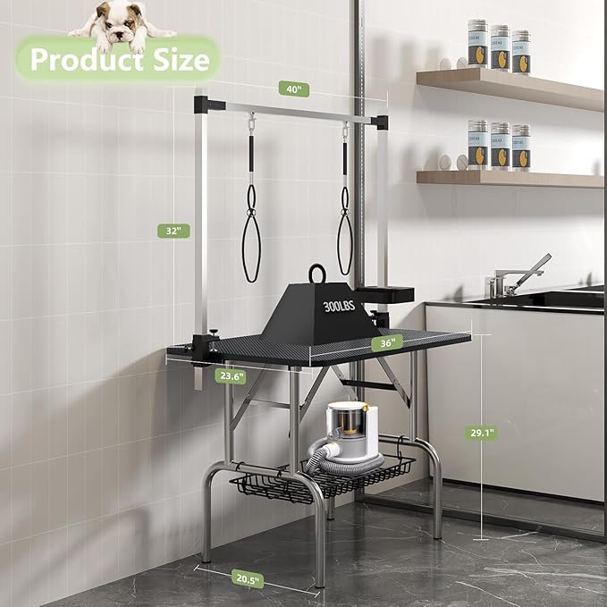 VFK 36" Dog Grooming Table,Foldable Pet Grooming Table for Dogs at Home Black Stainless Steel Bath Grooming Station with Adjustable Arm,Nooses, Mesh Tray,Tool Organizer-Mewly Pet