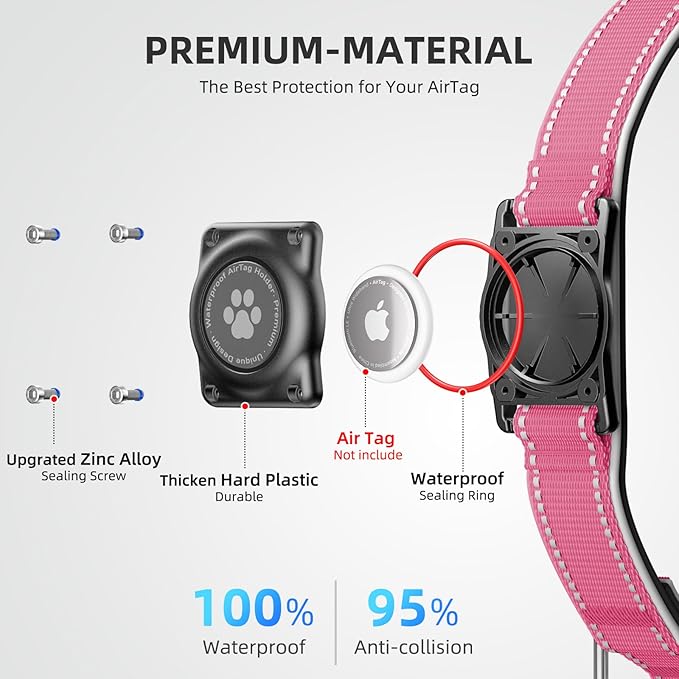 Airtag Dog Collar - 100% Waterproof Air tag Dog Collar Holder for Apple AirTag, Reflective, Soft Padded, Everlasting, GPS Dog Collar for Small Medium Large Dogs (Hot Pink, XL)-Mewly Pet