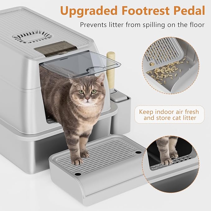 Stainless Steel Cat Litter Box with Lid, XL Extra Large Litter Box for Big Cats, Enclosed Removable Metal Litter Boxs with High Sided Enclosure & Scoop, Anti-Leakage, Non-Sticky, Easy Cleaning(Grey)-Mewly Pet