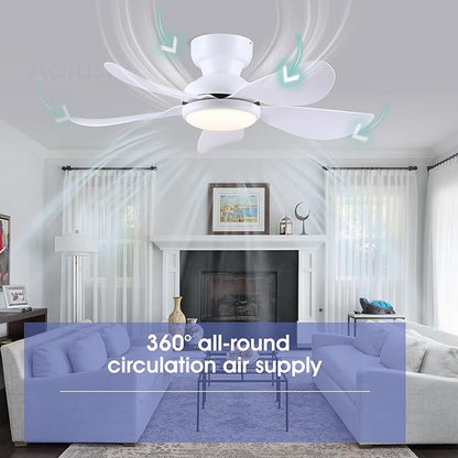 36 Inch Modern Ceiling Fans with Lights, Small Flush Mount Ceiling Fan with Light and Remote/APP Control, 5 Reversible 6 Speeds Curved Blades, 3 CCT Dimmable Lights for Bedroom, White