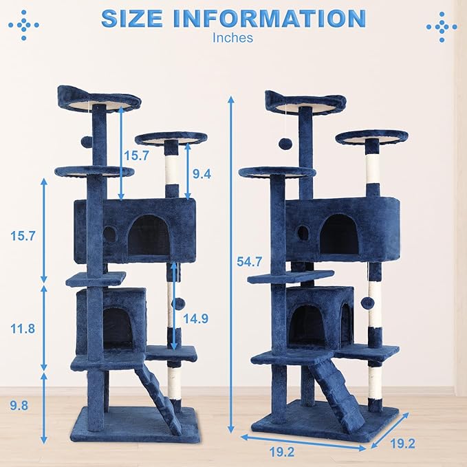 FDW Cat Tree 54in Cat Tower Multi-Level Durable Cat Scratching Post & Cozy Fun Cat Jumping Platform Space Saving Cat Condo Pet Play House for Indoor Cats,Navy Blue-Mewly Pet